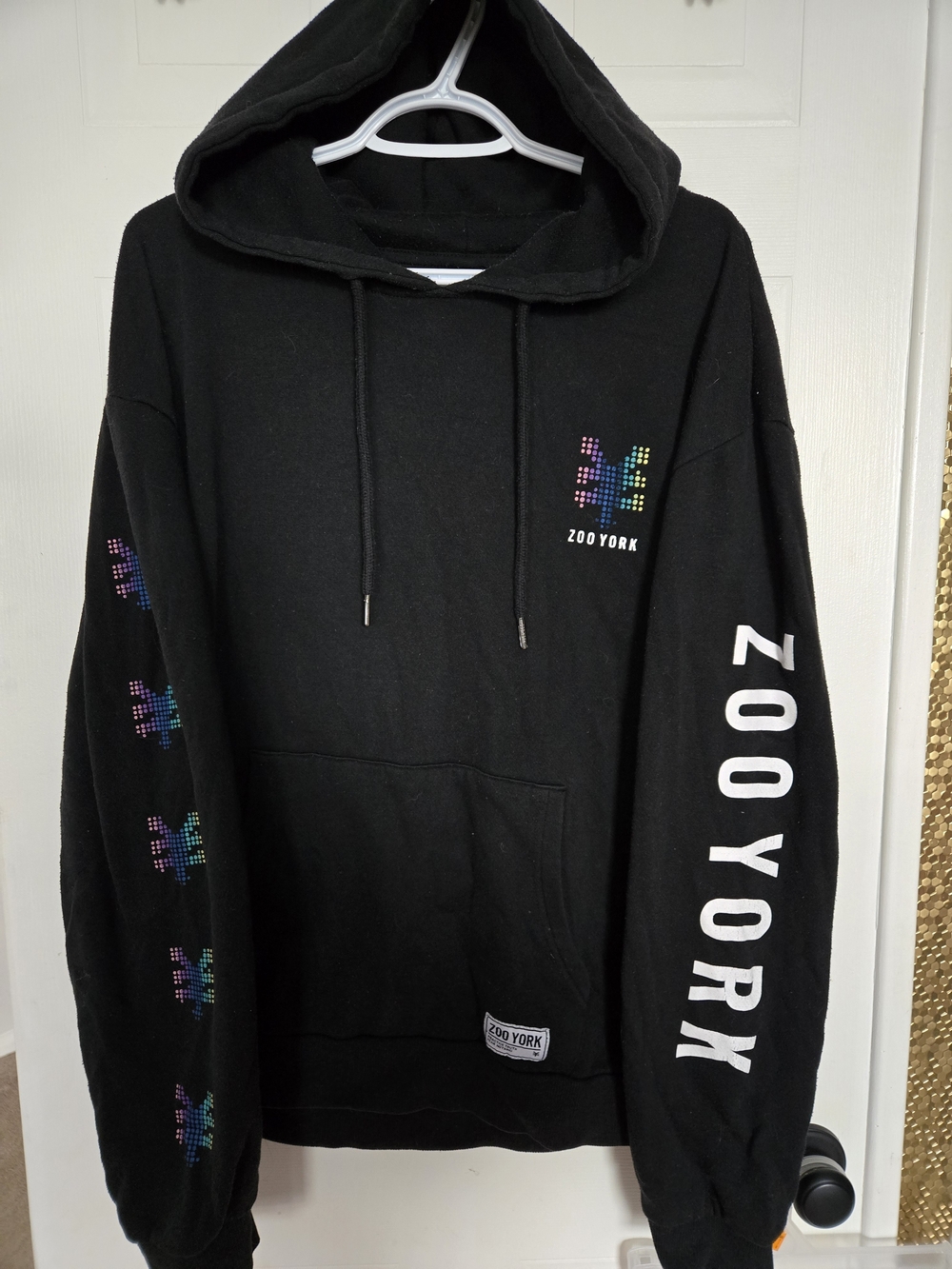 Zoo York Black Hoodie with Multicolor Pixel Logo and White Sleeve Text